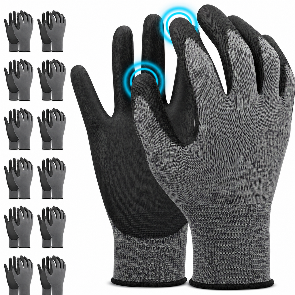 Greenhaus Gardening PU-Coated Safety Work Gloves with Touchscreen Fingers, 12 Pairs