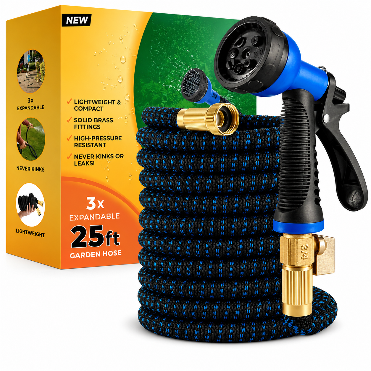 Greenhaus Gardening Expandable Garden Hose with 8-Pattern Spray Nozzle and Brass Fittings
