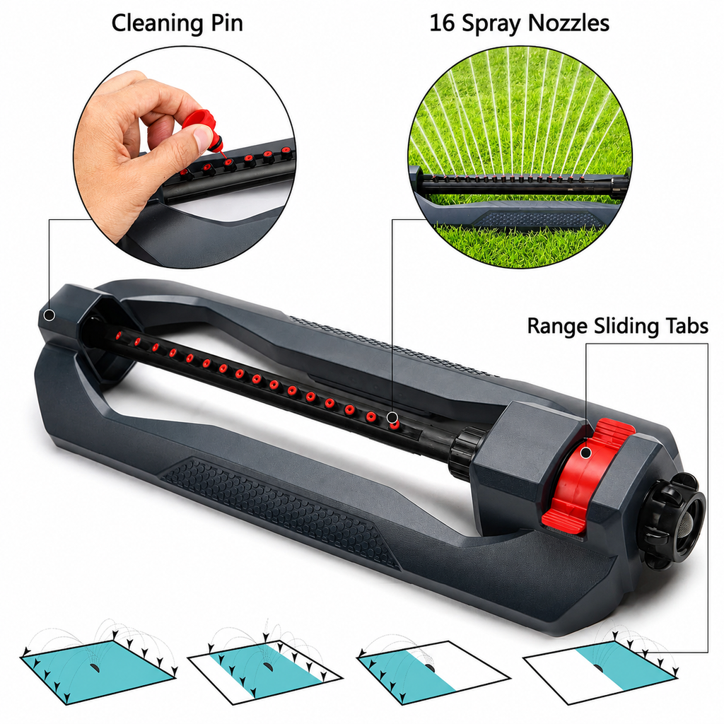 Greenhaus Gardening Weighted Oscillating Sprinkler with 16 Precision Nozzles for Lawns up to 3,600 Sq Ft
