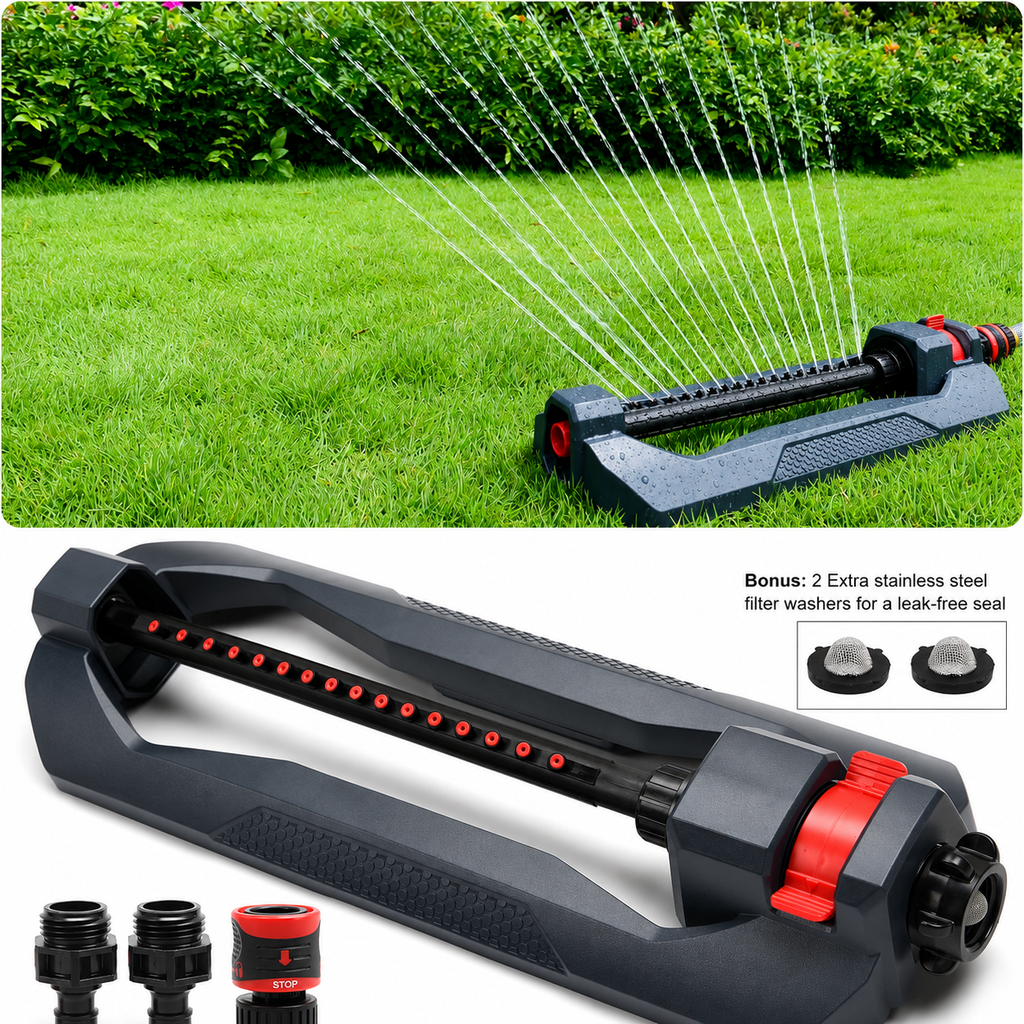 Greenhaus Gardening Oscillating Lawn Sprinkler with 16 Precision Nozzles, Covers Up to 3,600 sq. ft.