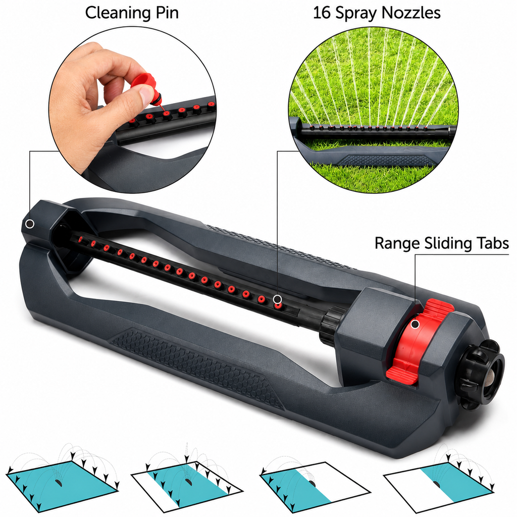 Greenhaus Gardening Oscillating Lawn Sprinkler with 16 Precision Nozzles, Covers Up to 3,600 sq. ft.