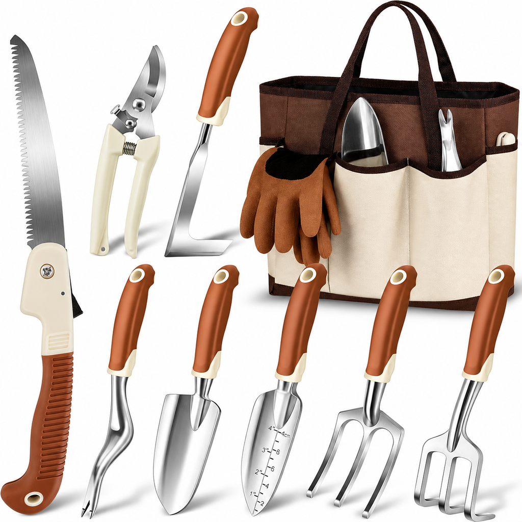 Greenhaus Gardening Premium Gardening Hand Tool Kit with Aluminum Tools, Tote Bag and Gloves