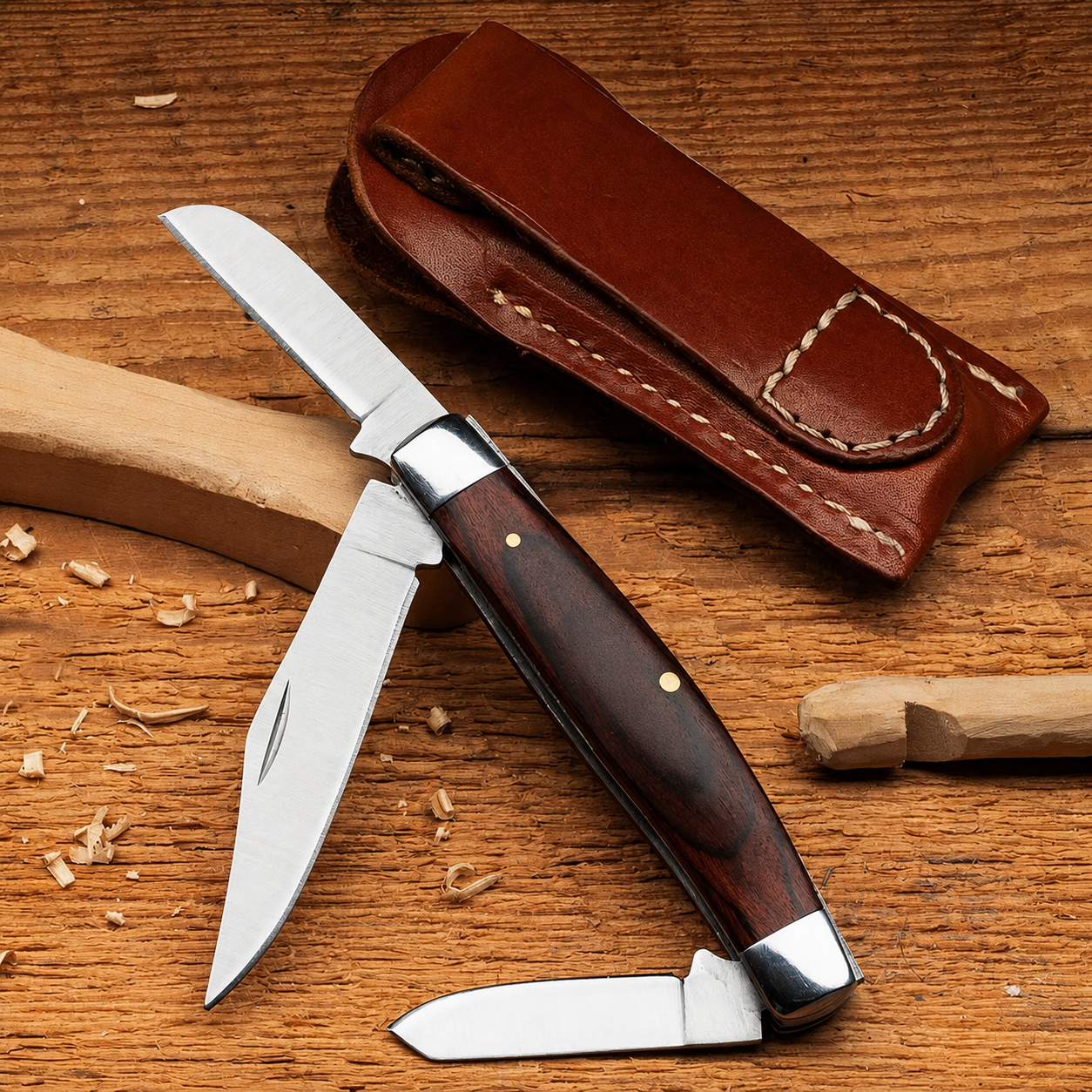 Greenhaus Gardening Folding Pocket Knife — Stainless Steel Blades & Wood Handle