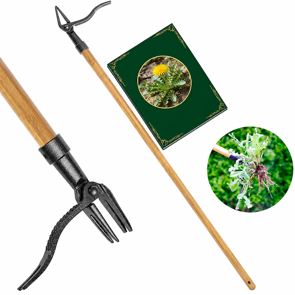 Greenhaus Gardening Stand-Up Weed Puller Tool with Bamboo Handle and Heavy-Duty 4-Claw Steel Head