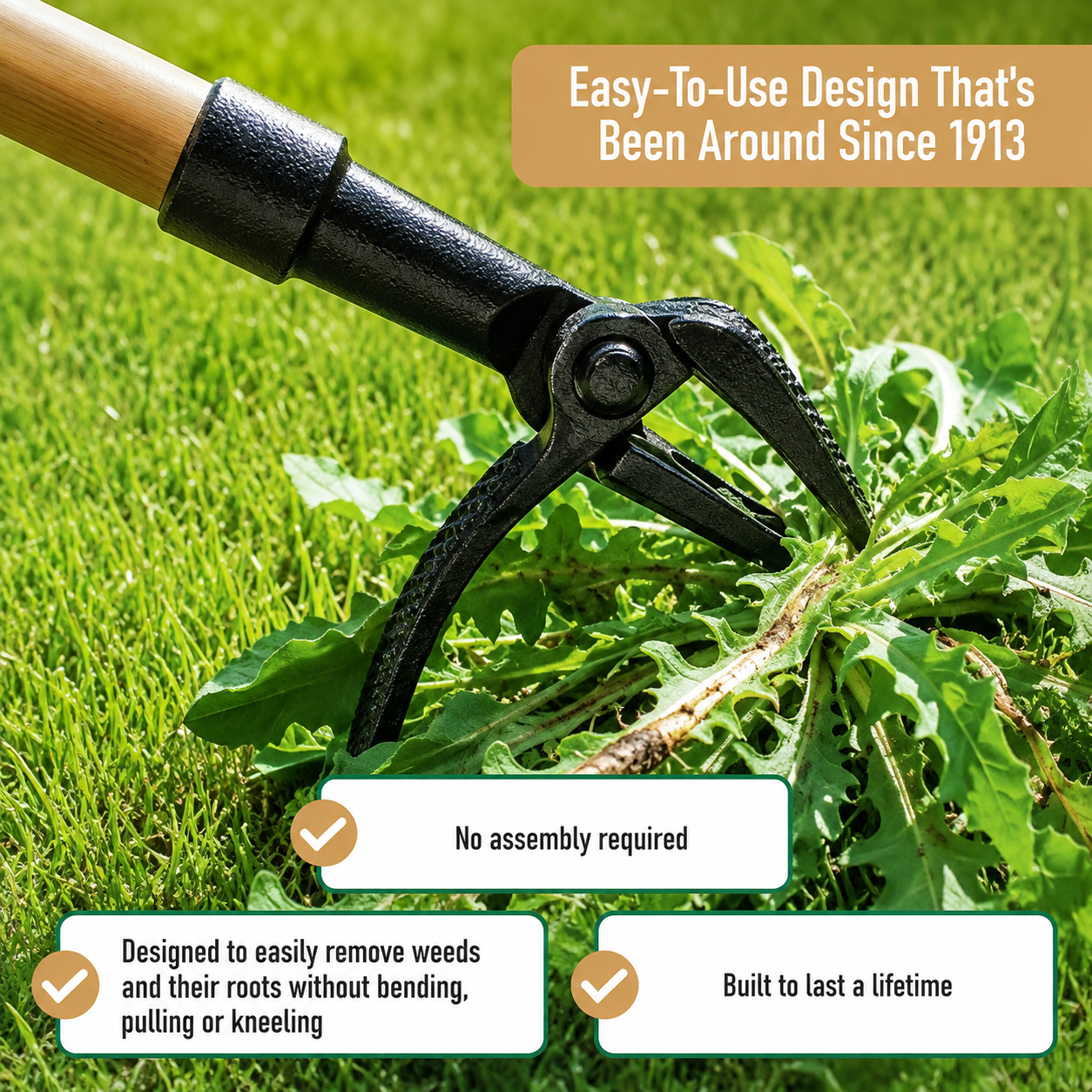 Greenhaus Gardening Stand-Up Weed Puller Tool with Bamboo Handle and Heavy-Duty 4-Claw Steel Head