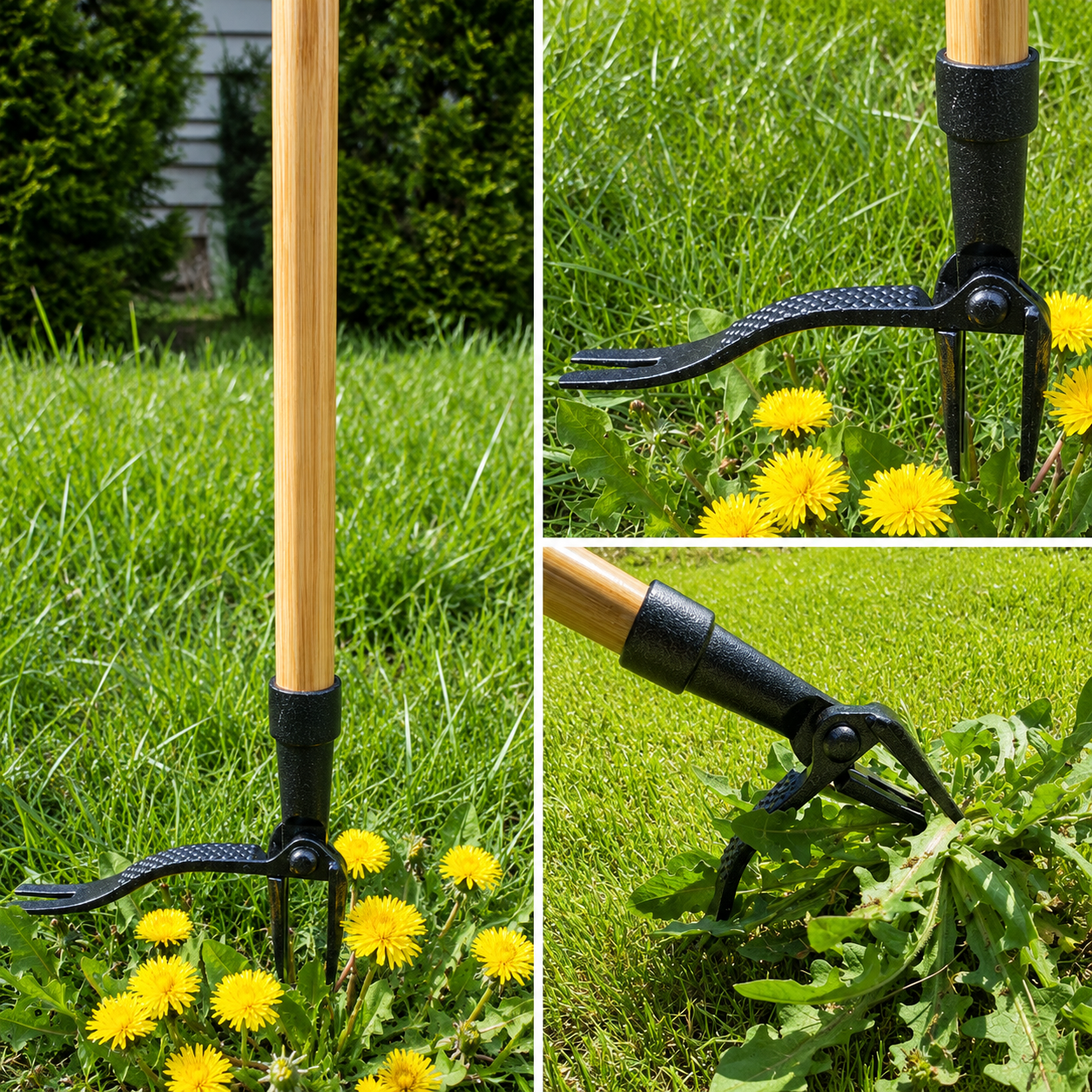 Greenhaus Gardening Stand-Up Weed Puller Tool with Bamboo Handle and Heavy-Duty 4-Claw Steel Head