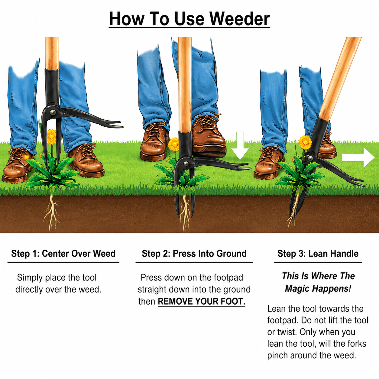 Greenhaus Gardening Stand-Up Weed Puller Tool with Bamboo Handle and Heavy-Duty 4-Claw Steel Head