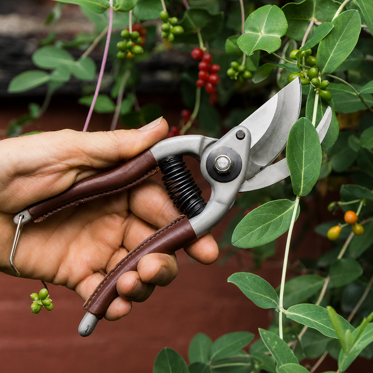 Greenhaus Gardening 8-Inch Trim Pruner with Real Leather Grips