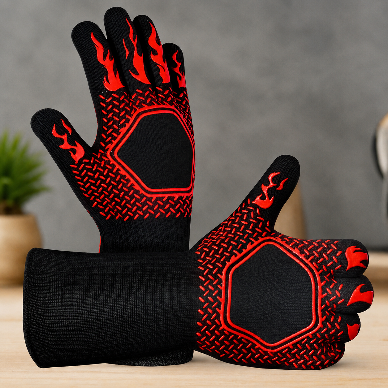 Greenhaus Gardening Heat Resistant BBQ Gloves with Silicone Grip