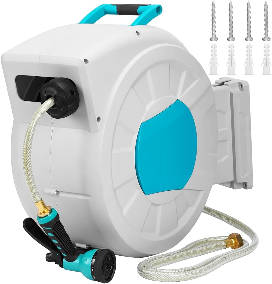 Greenhaus Gardening 100 ft Retractable Hose Reel with Auto Lock & 9-Pattern Nozzle
