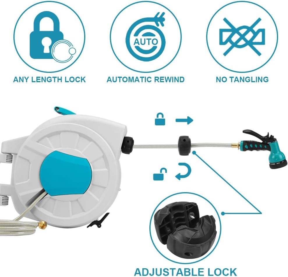 Greenhaus Gardening 100 ft Retractable Hose Reel with Auto Lock & 9-Pattern Nozzle