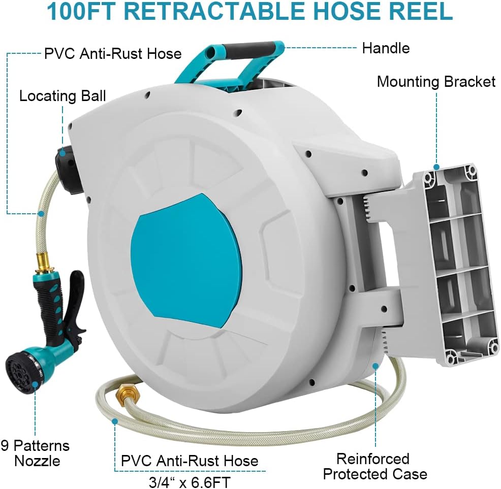 Greenhaus Gardening 100 ft Retractable Hose Reel with Auto Lock & 9-Pattern Nozzle