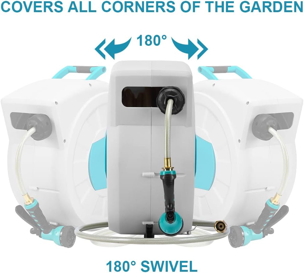 Greenhaus Gardening 100 ft Retractable Hose Reel with Auto Lock & 9-Pattern Nozzle