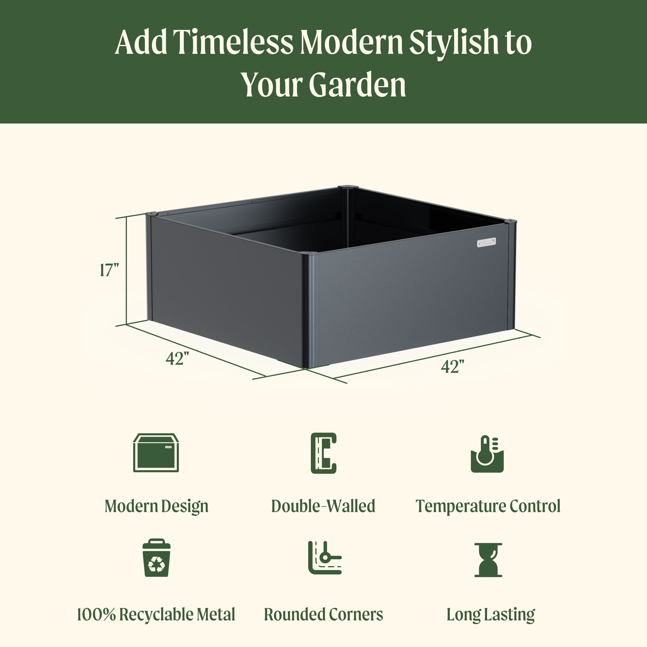 Greenhaus Gardening 17" Tall Modern 42" x 42" Metal Raised Garden Bed