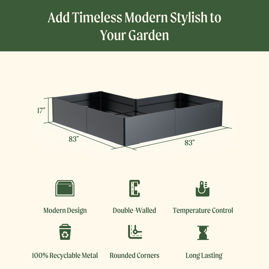 Greenhaus Gardening 17" Tall Modern 83" x 83" L Shape Metal Raised Garden Bed