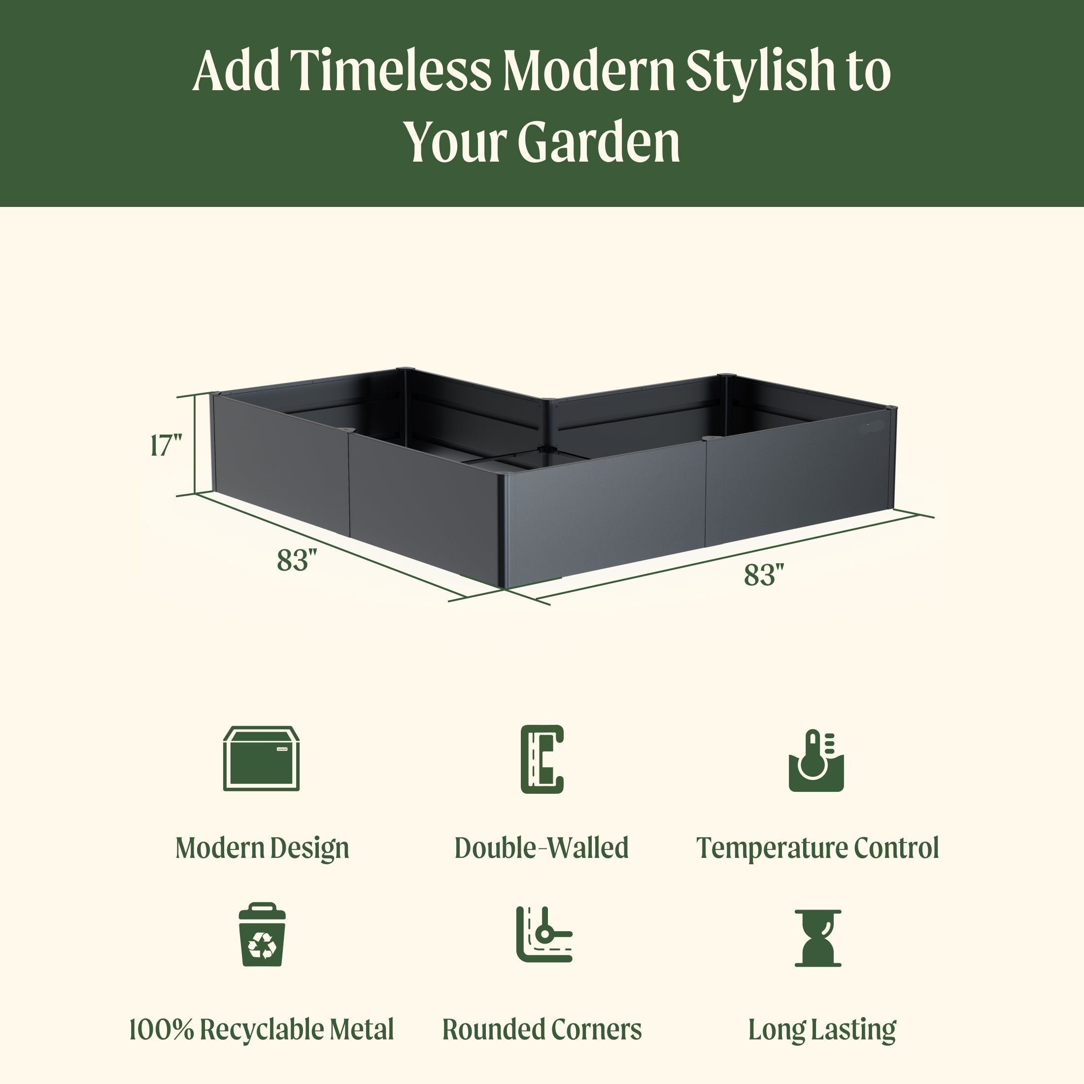 Greenhaus Gardening 17" Tall Modern 83" x 83" L Shape Metal Raised Garden Bed