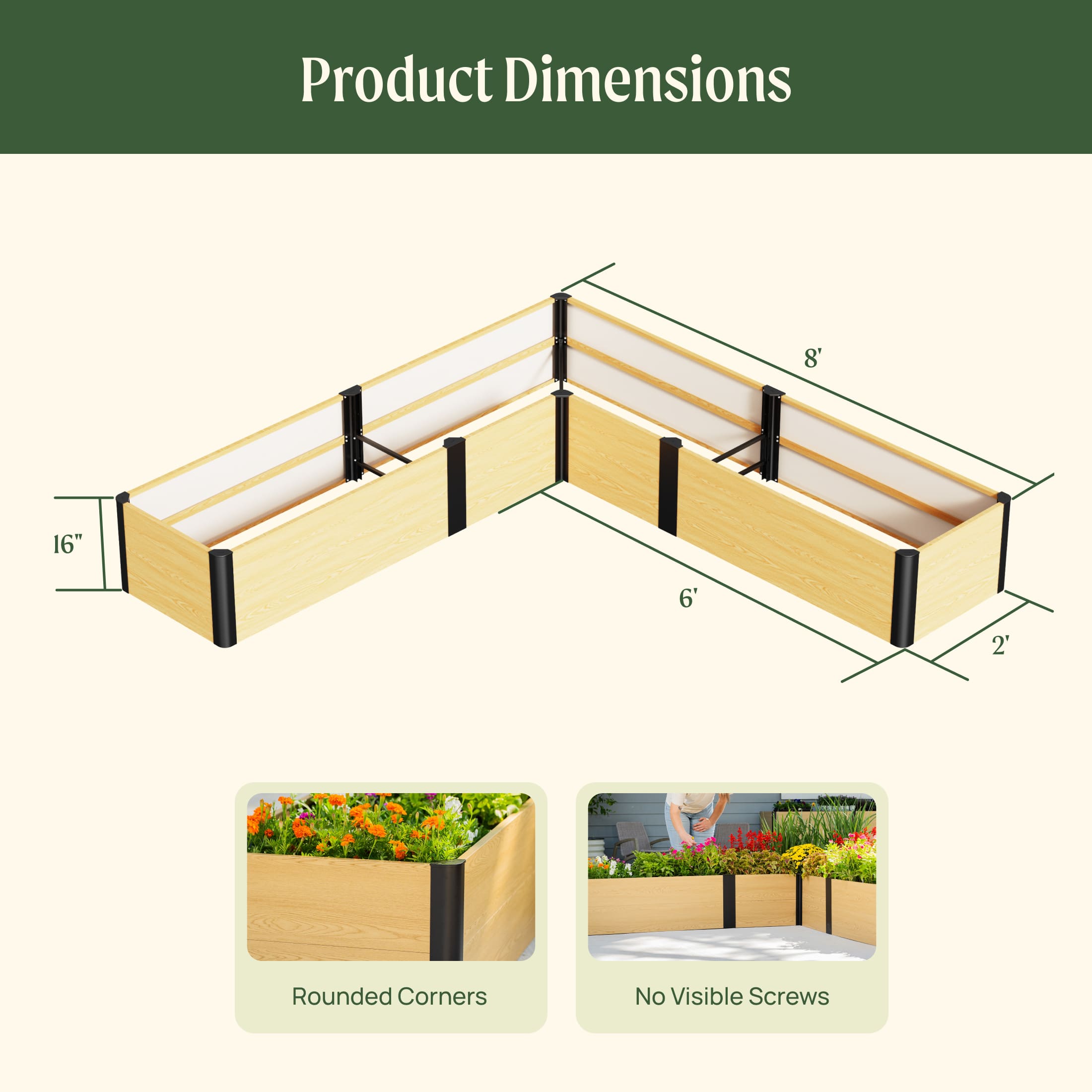 Greenhaus Gardening 16-Inch Tall Woodgrain L-Shaped Raised Garden Bed