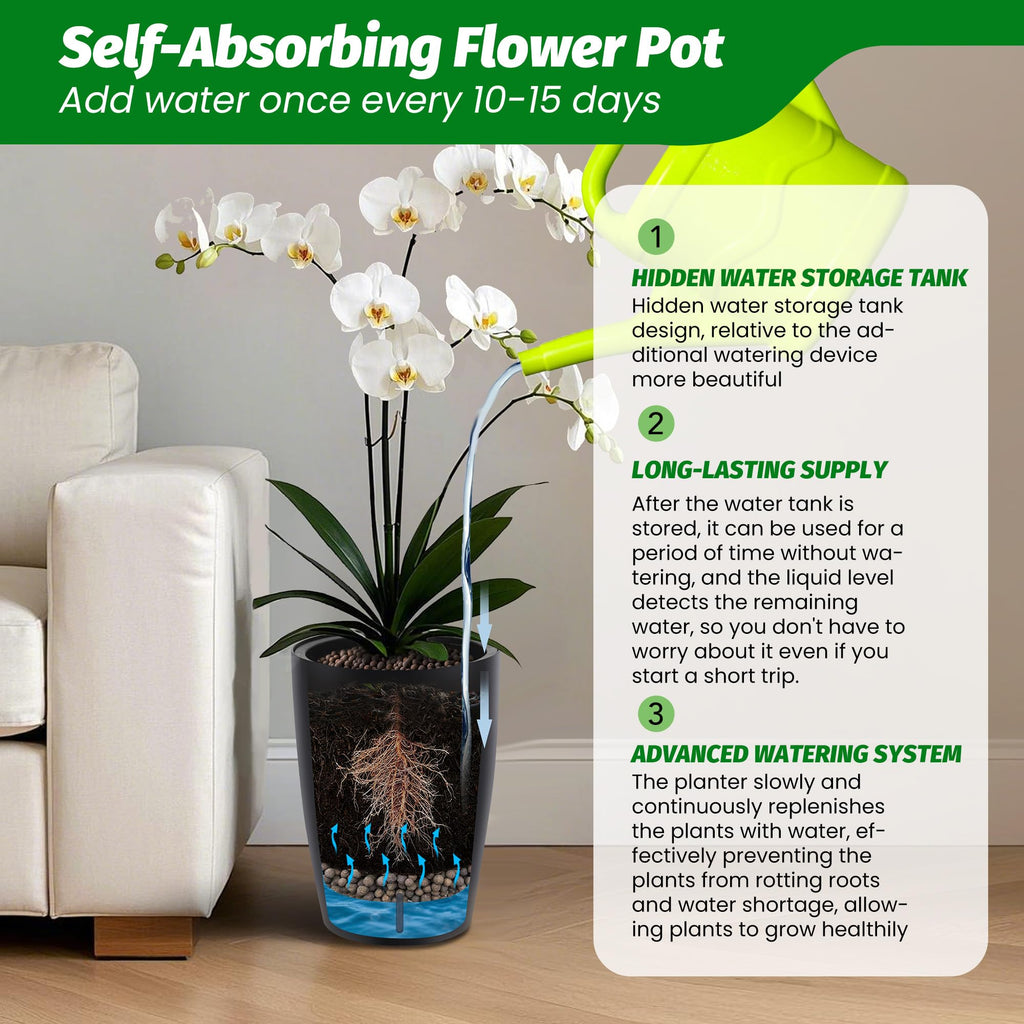 Greenhaus Gardening Tall Indoor Outdoor Self-Watering Planter Pots Set of 2