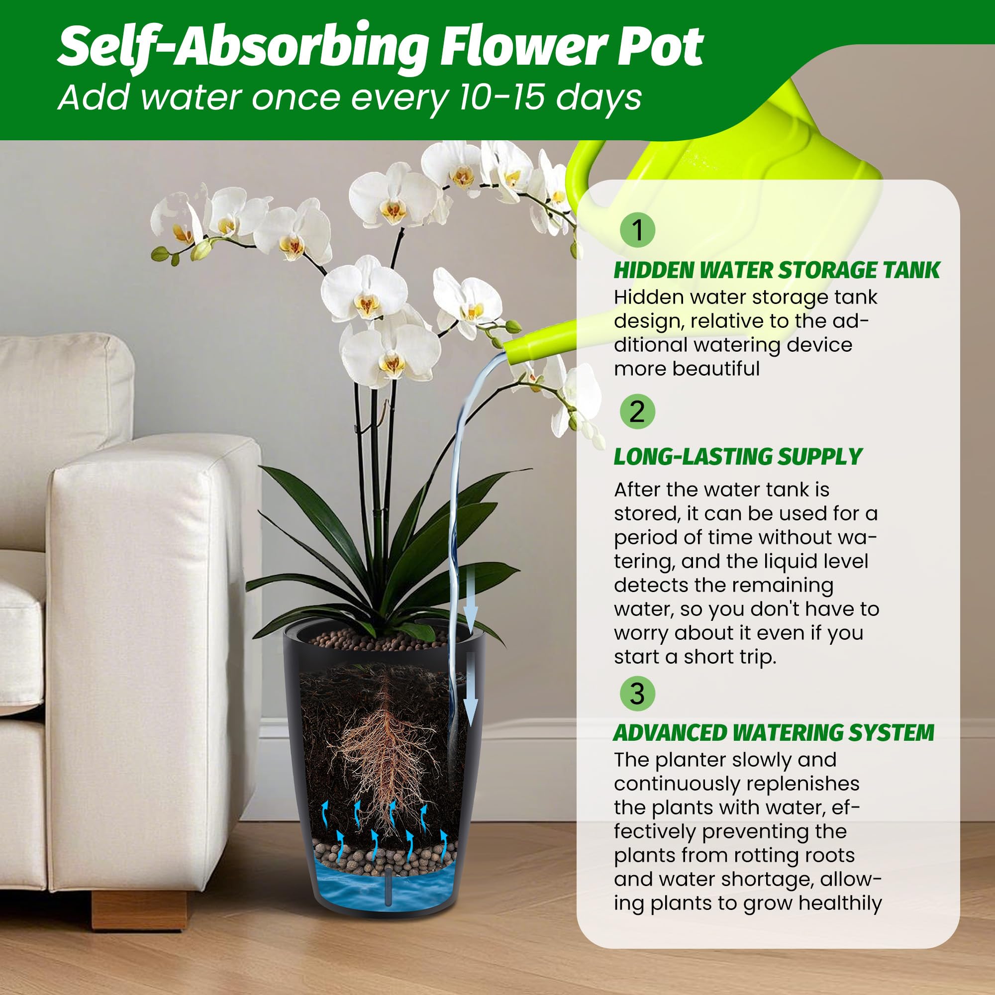 Greenhaus Gardening Tall Indoor Outdoor Self-Watering Planter Pots Set of 2