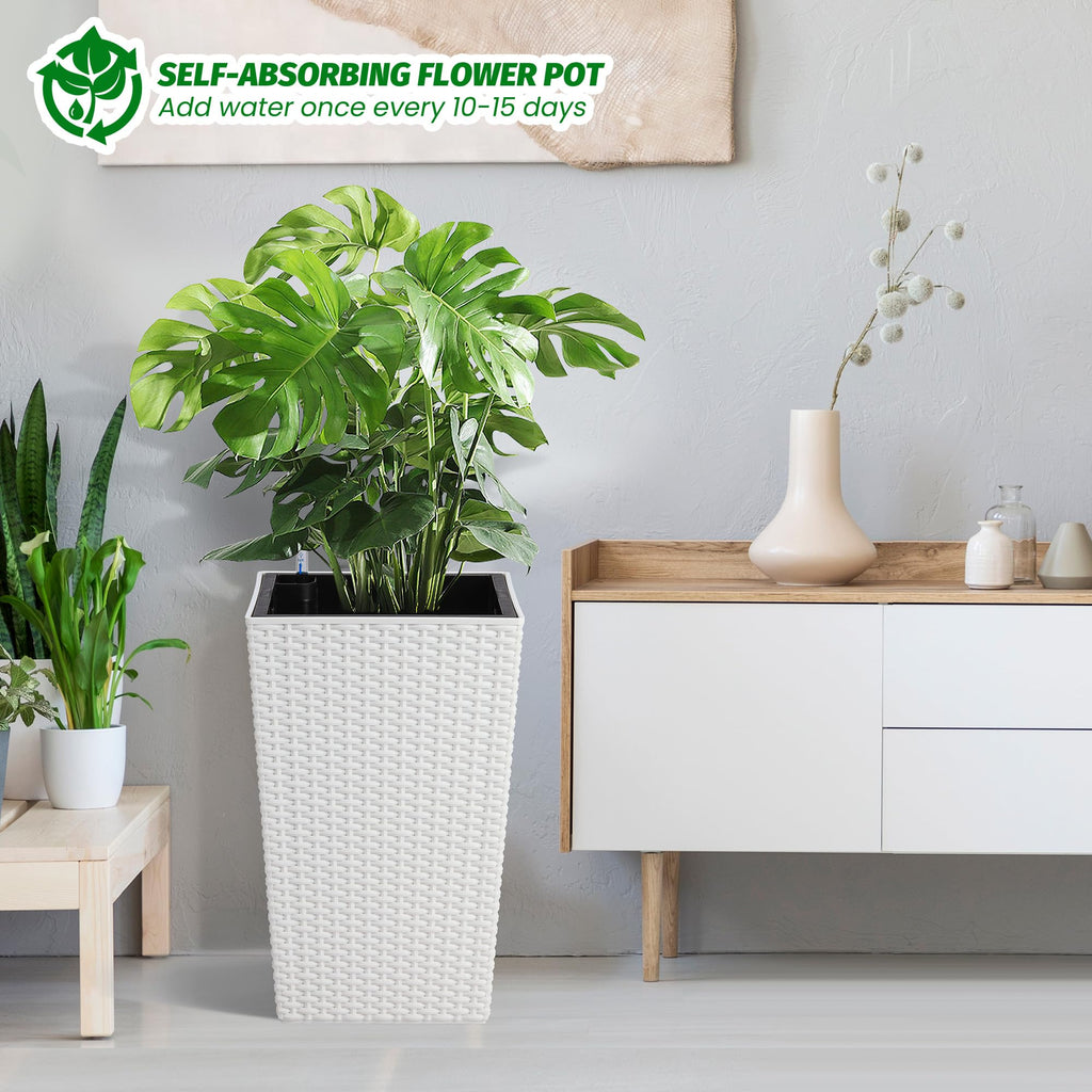 Greenhaus Gardening 16-Inch White Rattan Self-Watering Planters Set of 2