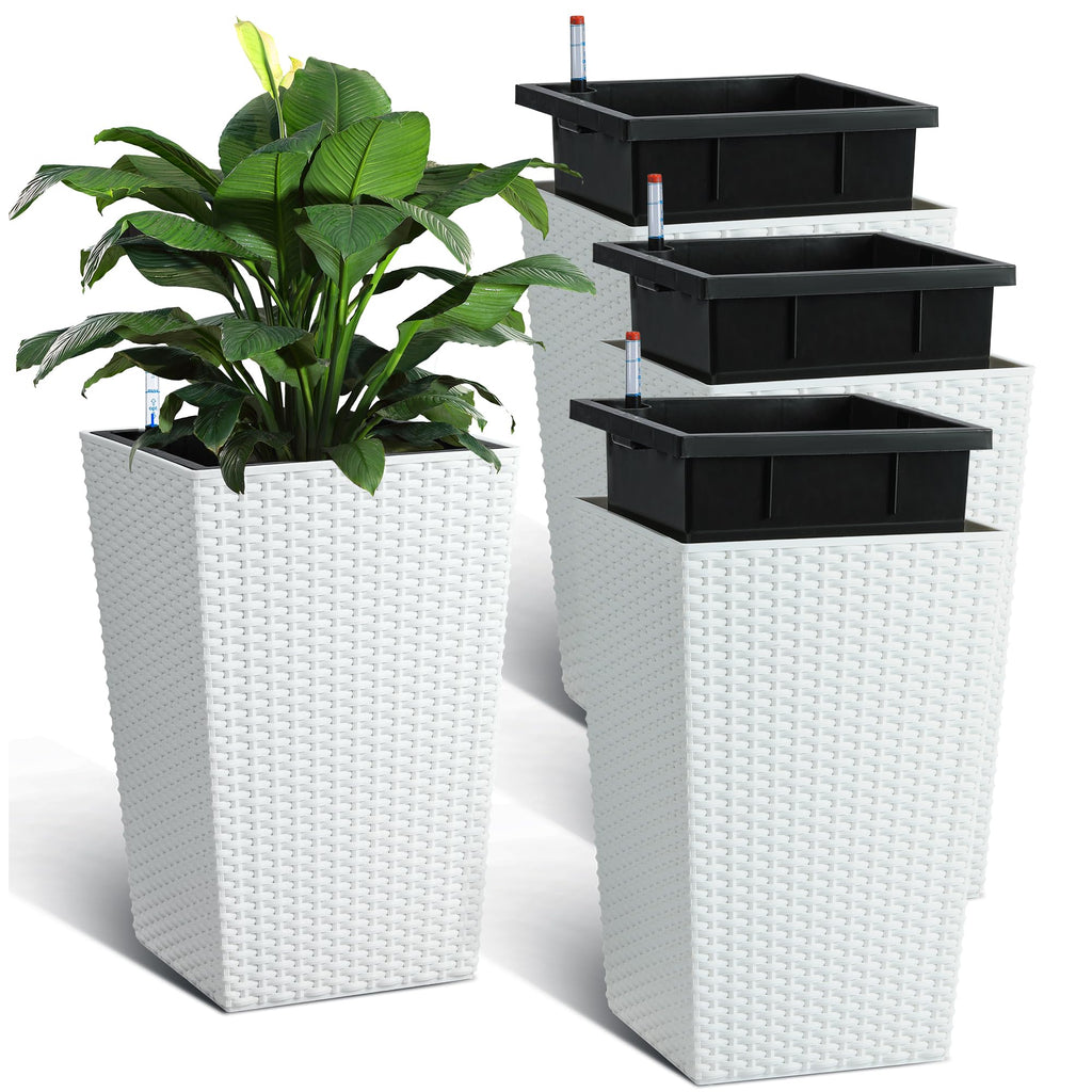 Greenhaus Gardening Tall White Rattan Self-Watering Planters Set of 4