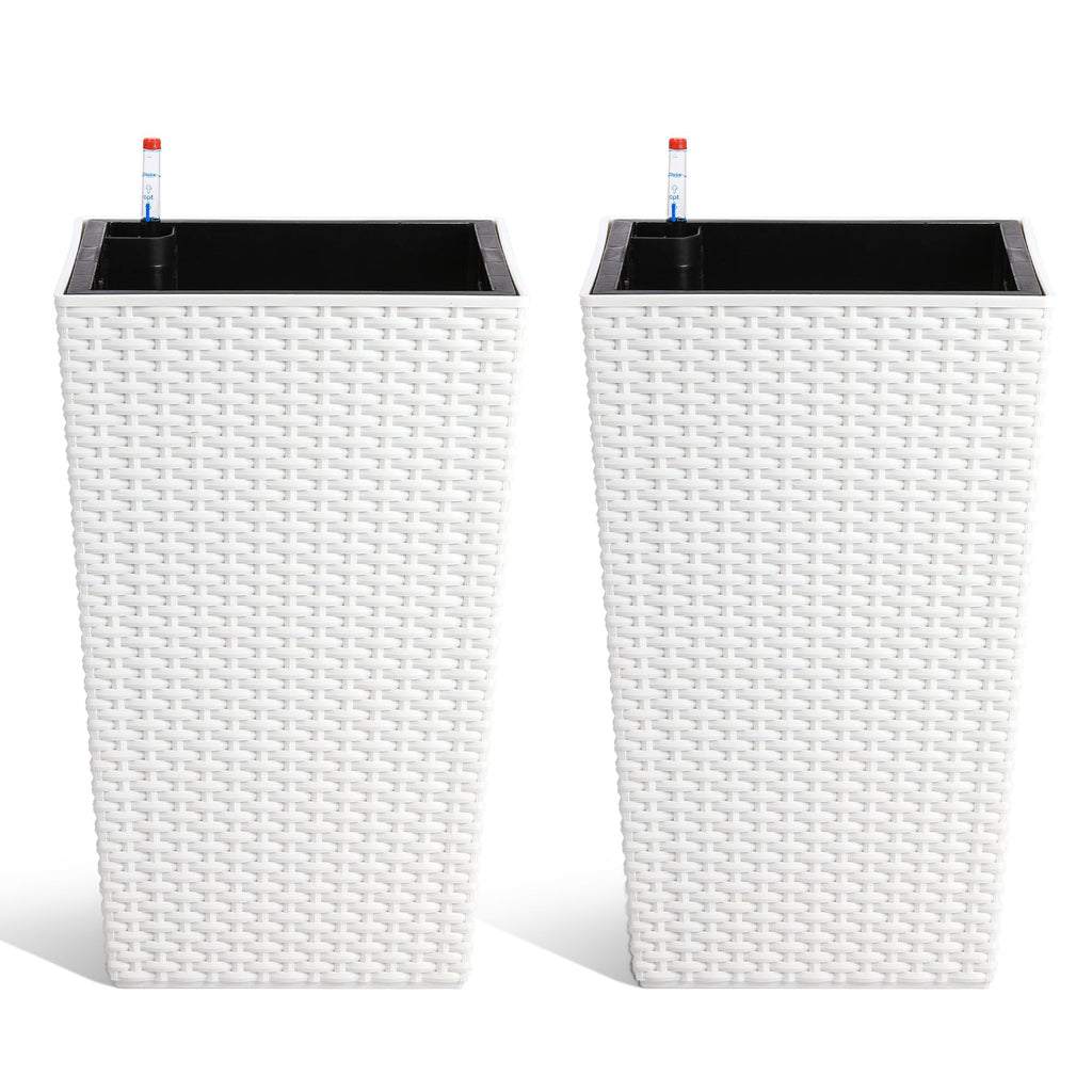Greenhaus Gardening 16-Inch White Rattan Self-Watering Planters Set of 2