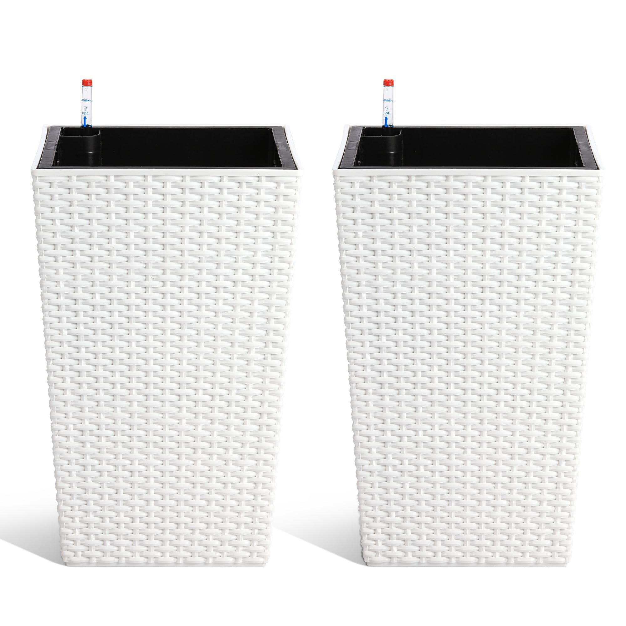 Greenhaus Gardening 16-Inch White Rattan Self-Watering Planters Set of 2