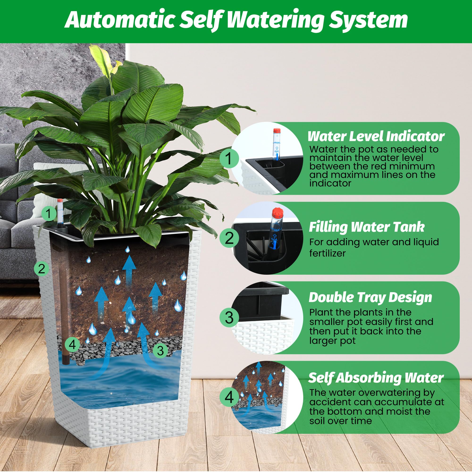 Greenhaus Gardening Tall White Rattan Self-Watering Planters Set of 4