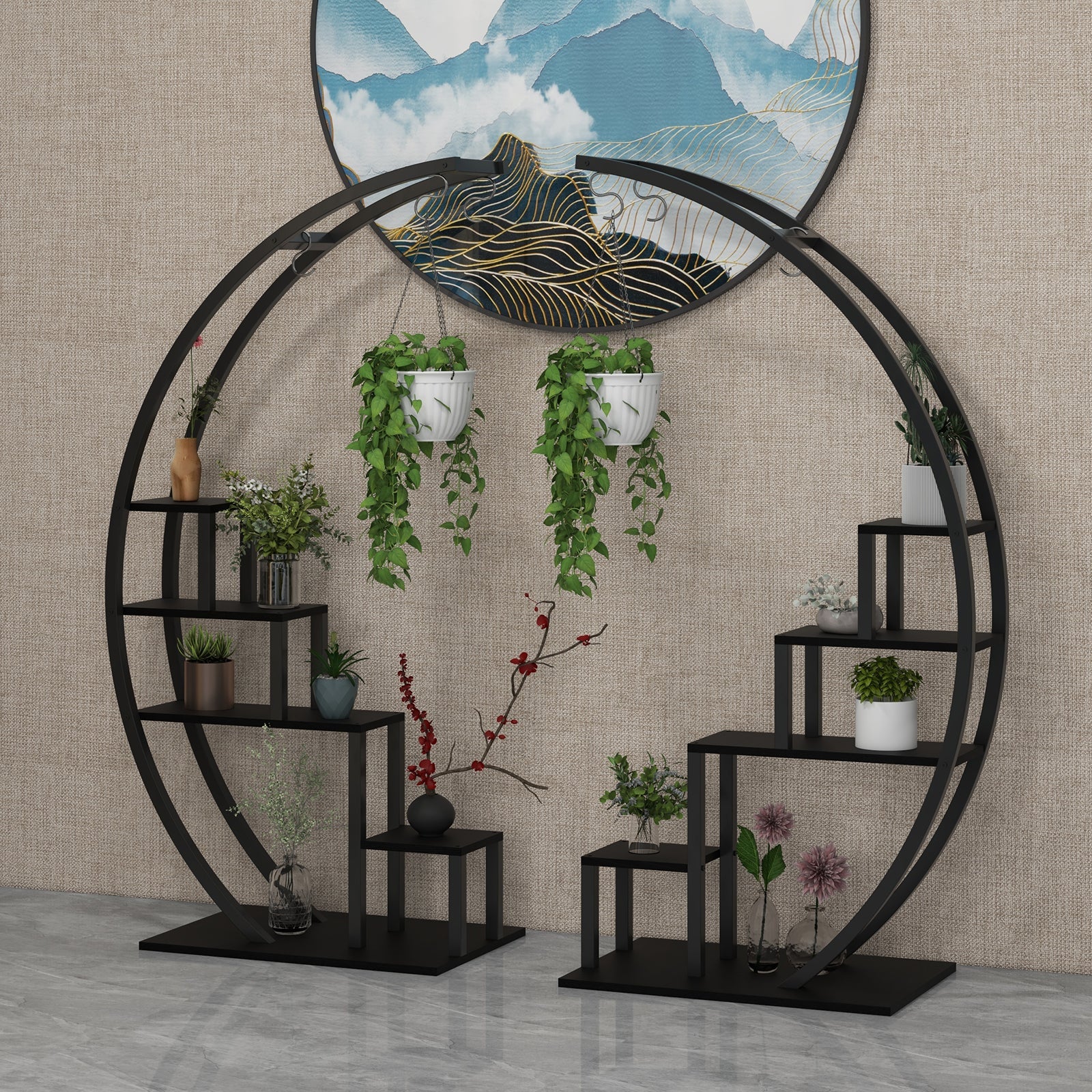 Greenhaus Gardening 5-Tier Curved Metal Plant Stand with 6 Hooks