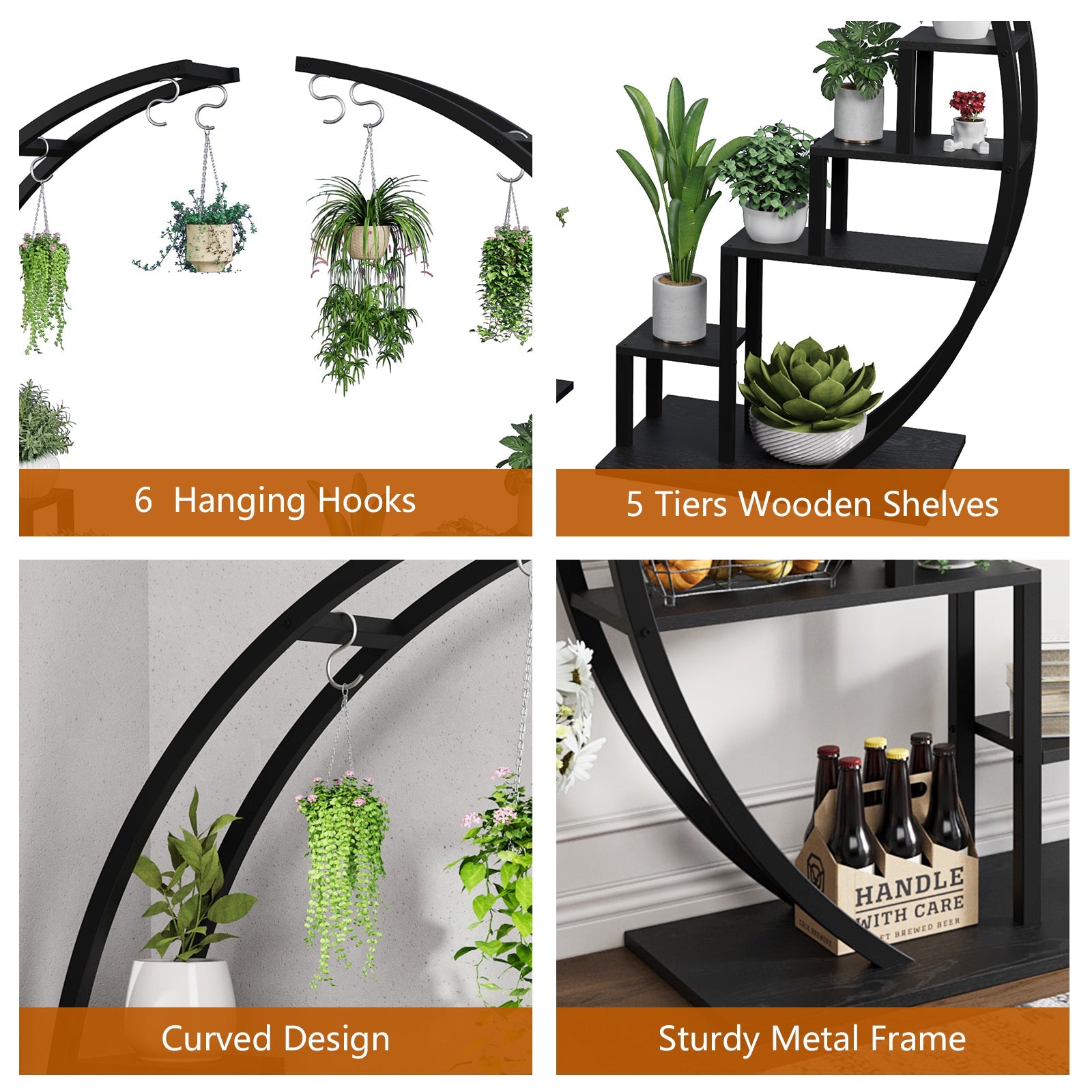 Greenhaus Gardening 5-Tier Curved Metal Plant Stand with 6 Hooks