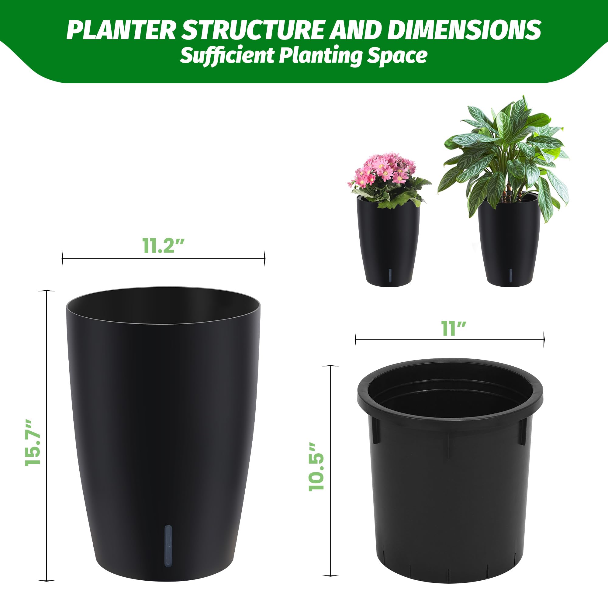 Greenhaus Gardening Tall Indoor Outdoor Self-Watering Planter Pots Set of 2