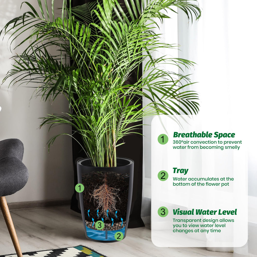 Greenhaus Gardening Tall Indoor Outdoor Self-Watering Planter Pots Set of 2