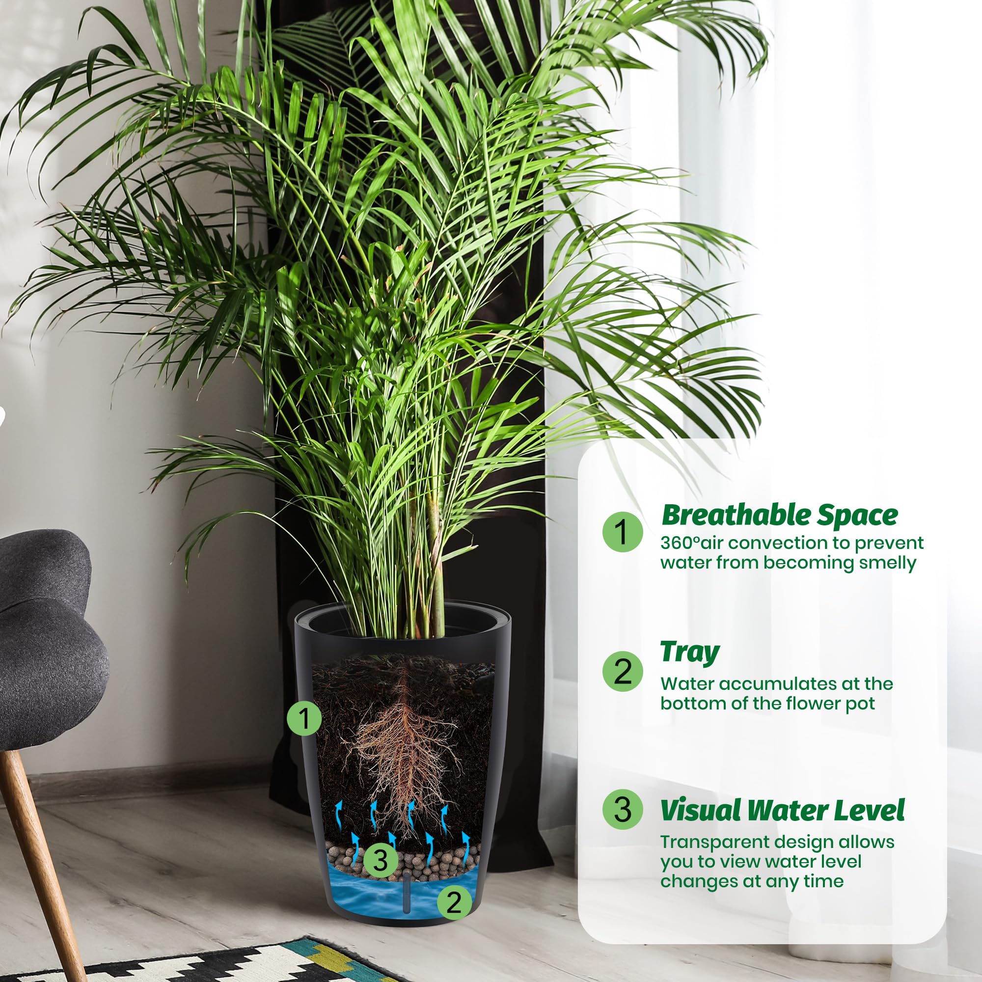 Greenhaus Gardening Tall Indoor Outdoor Self-Watering Planter Pots Set of 2