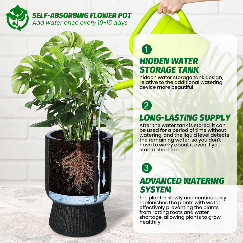 Greenhaus Gardening Modern 14-Inch Indoor Outdoor Self-Watering Plant Pot