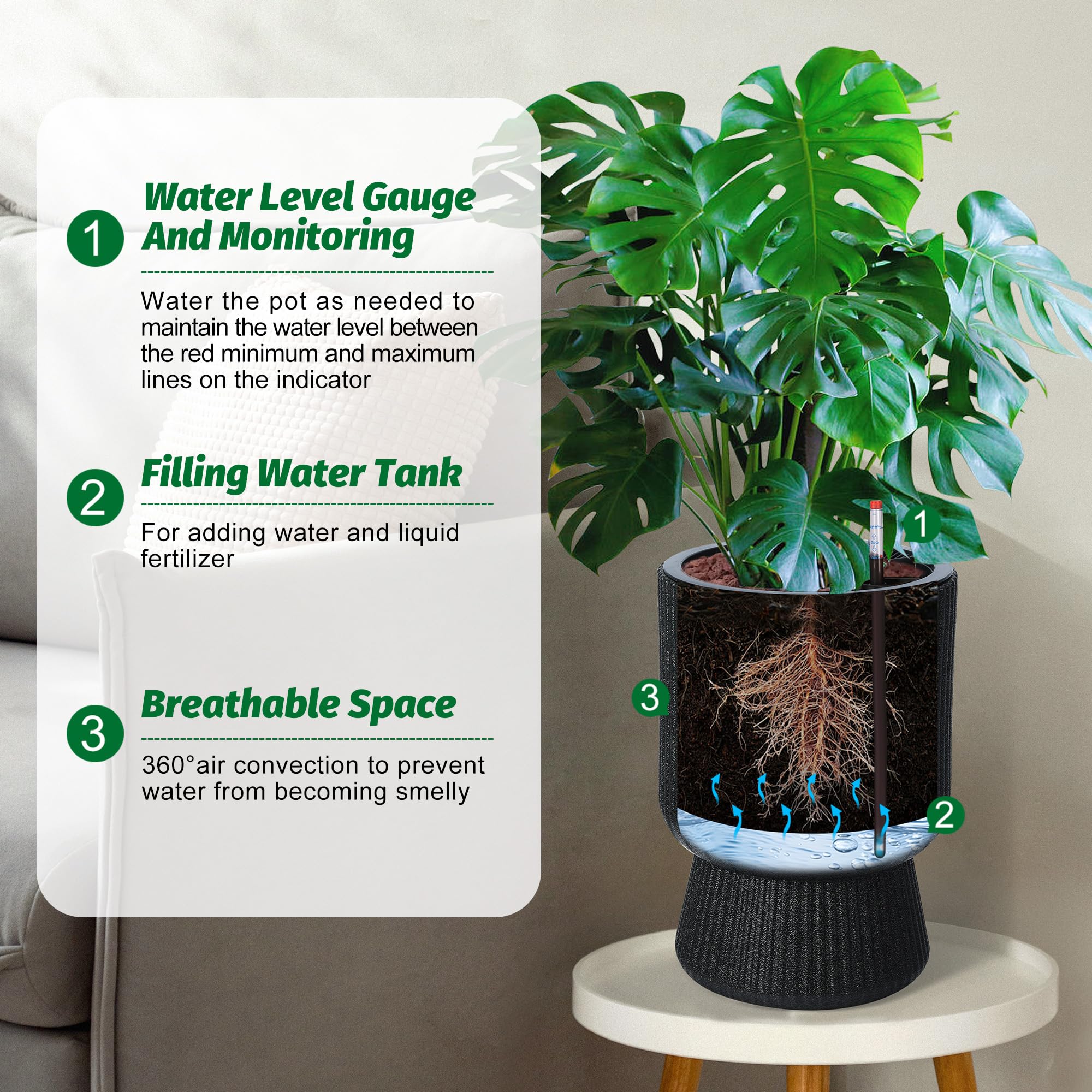 Greenhaus Gardening Modern 14-Inch Indoor Outdoor Self-Watering Plant Pot
