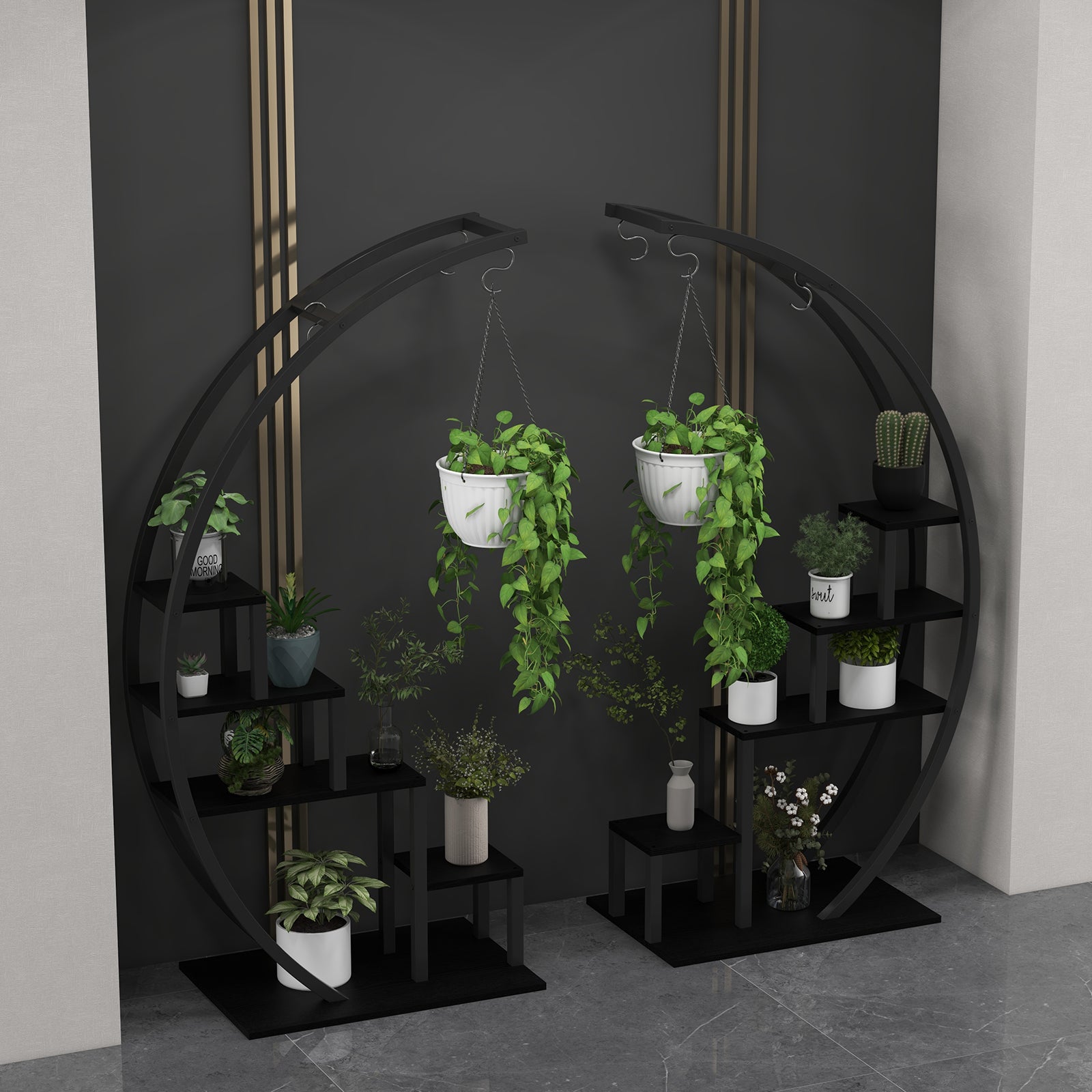 Greenhaus Gardening 5-Tier Curved Metal Plant Stand with 6 Hooks