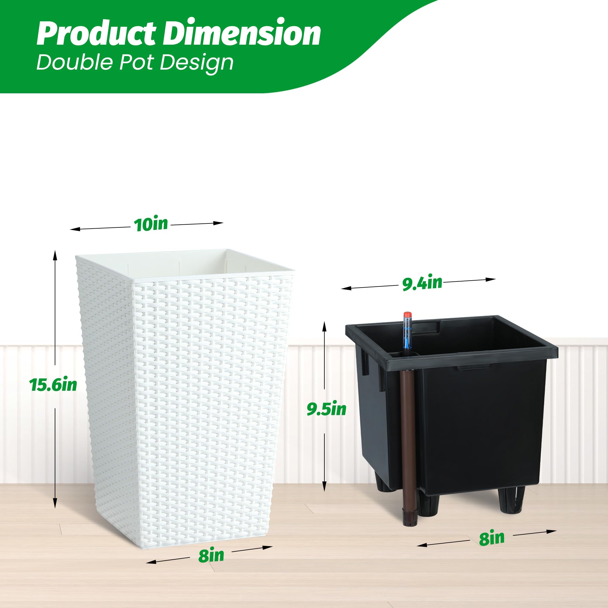 Greenhaus Gardening 16-Inch White Rattan Self-Watering Planters Set of 2