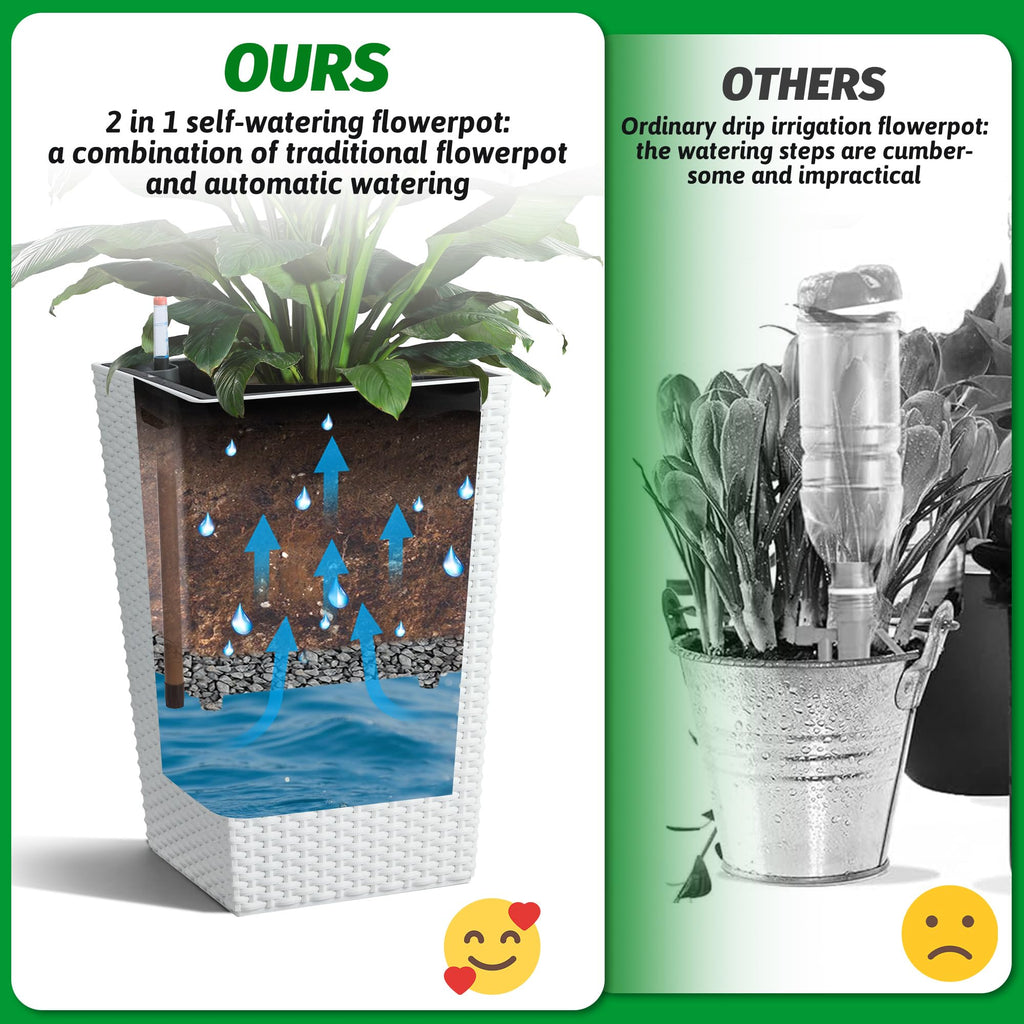 Greenhaus Gardening Tall White Rattan Self-Watering Planters Set of 4