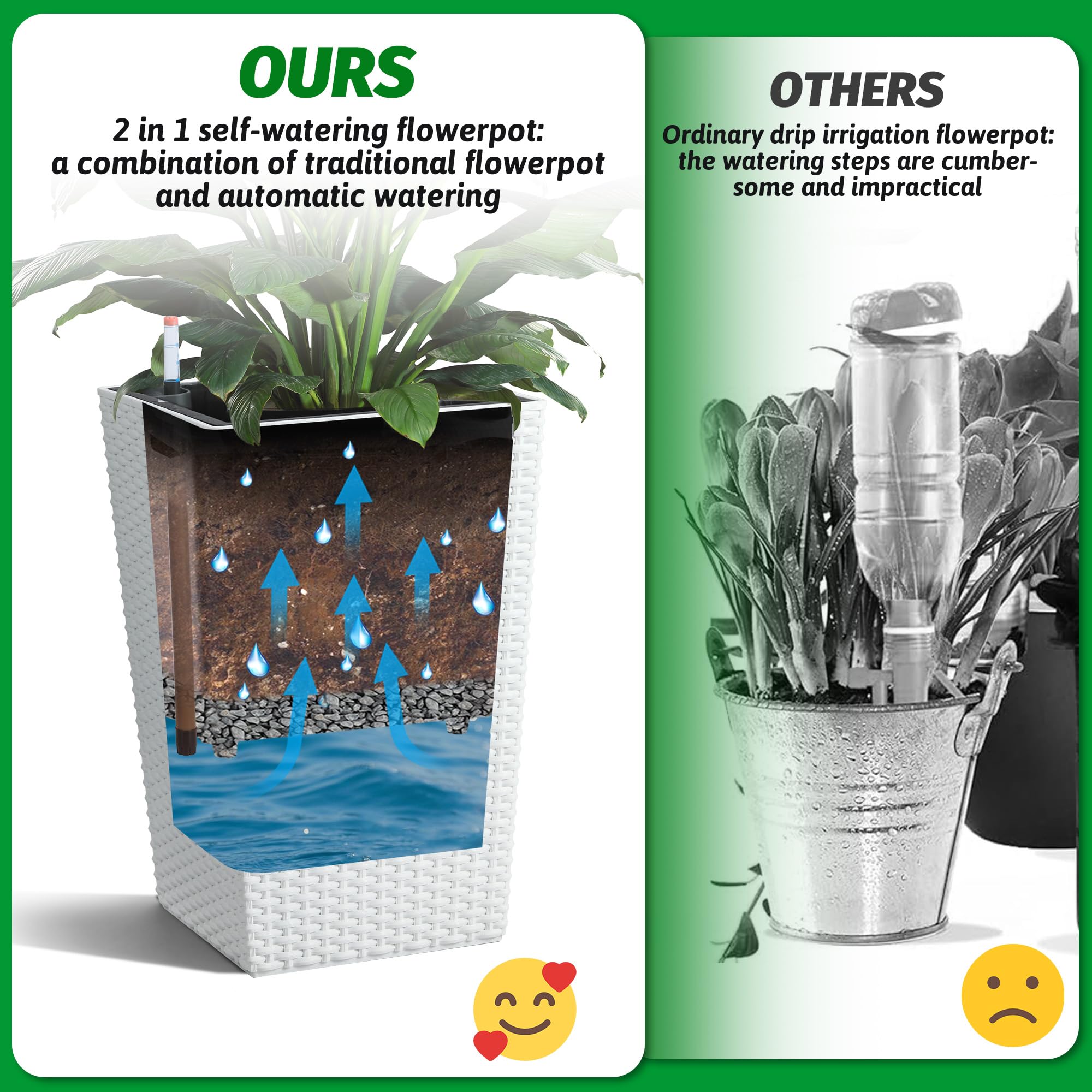 Greenhaus Gardening Tall White Rattan Self-Watering Planters Set of 4