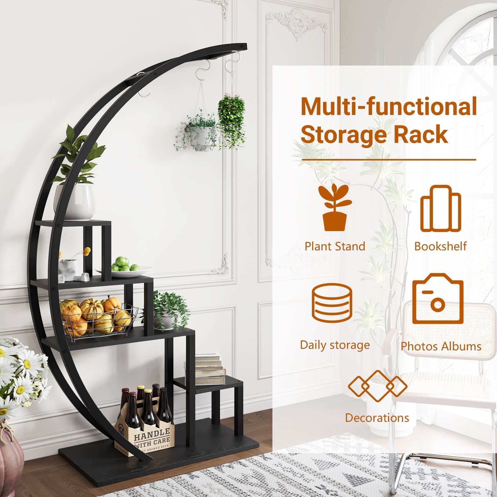 Greenhaus Gardening 5-Tier Curved Metal Plant Stand with 6 Hooks