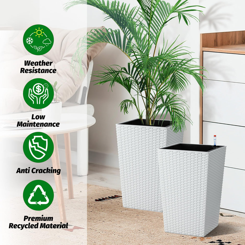 Greenhaus Gardening 16-Inch White Rattan Self-Watering Planters Set of 2