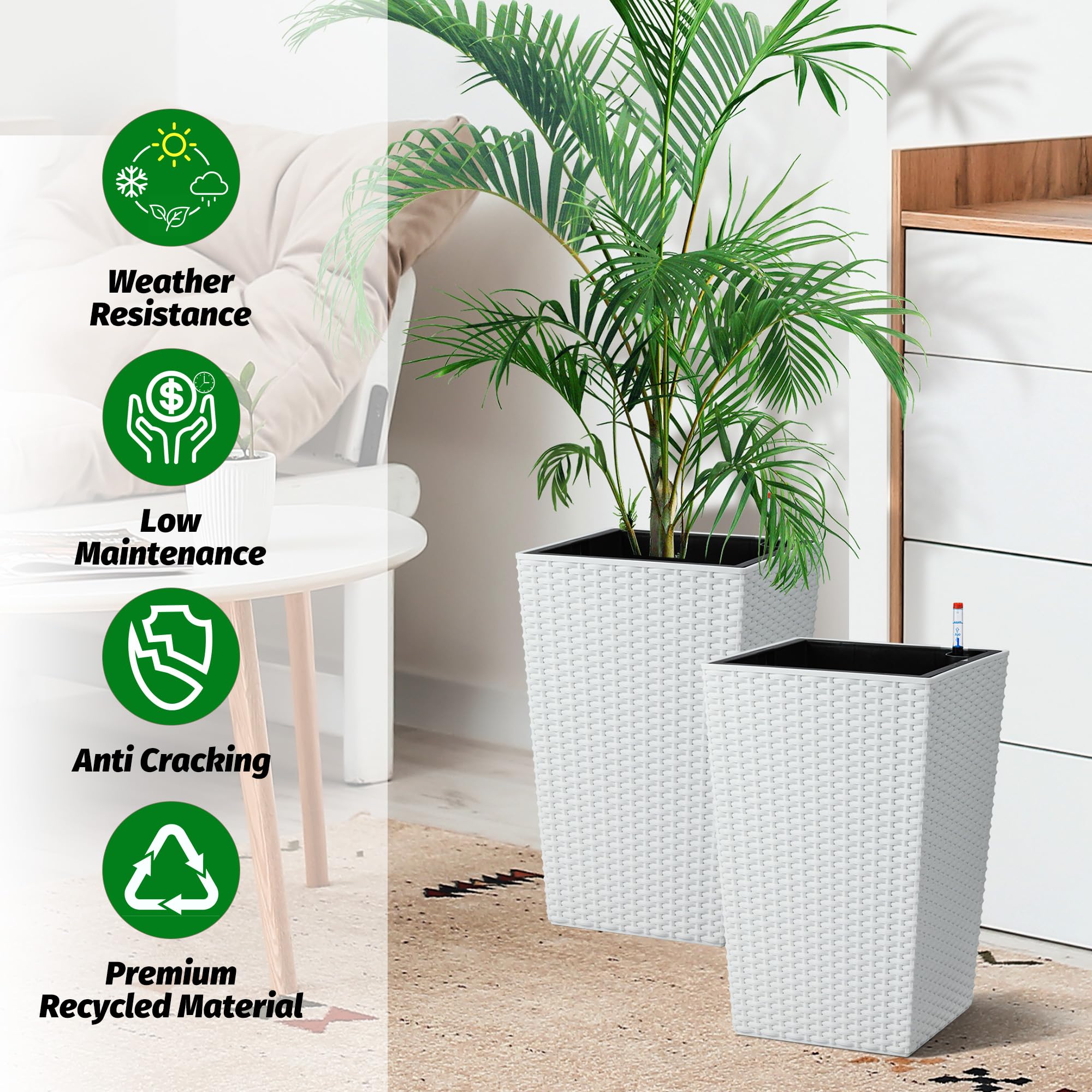 Greenhaus Gardening Tall White Rattan Self-Watering Planters Set of 4