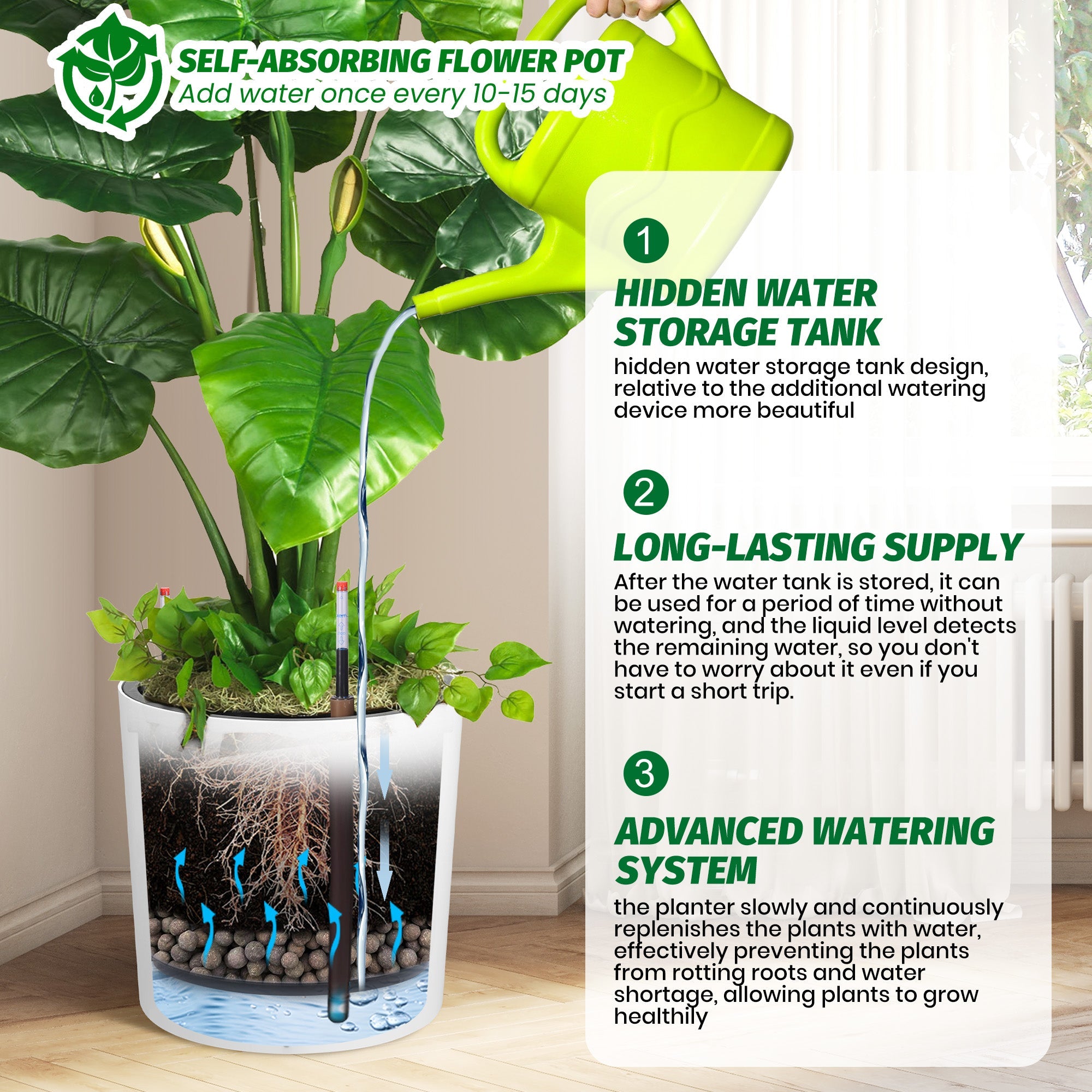 Greenhaus Gardening 20-Inch White Self-Watering Round Planters Set of 2