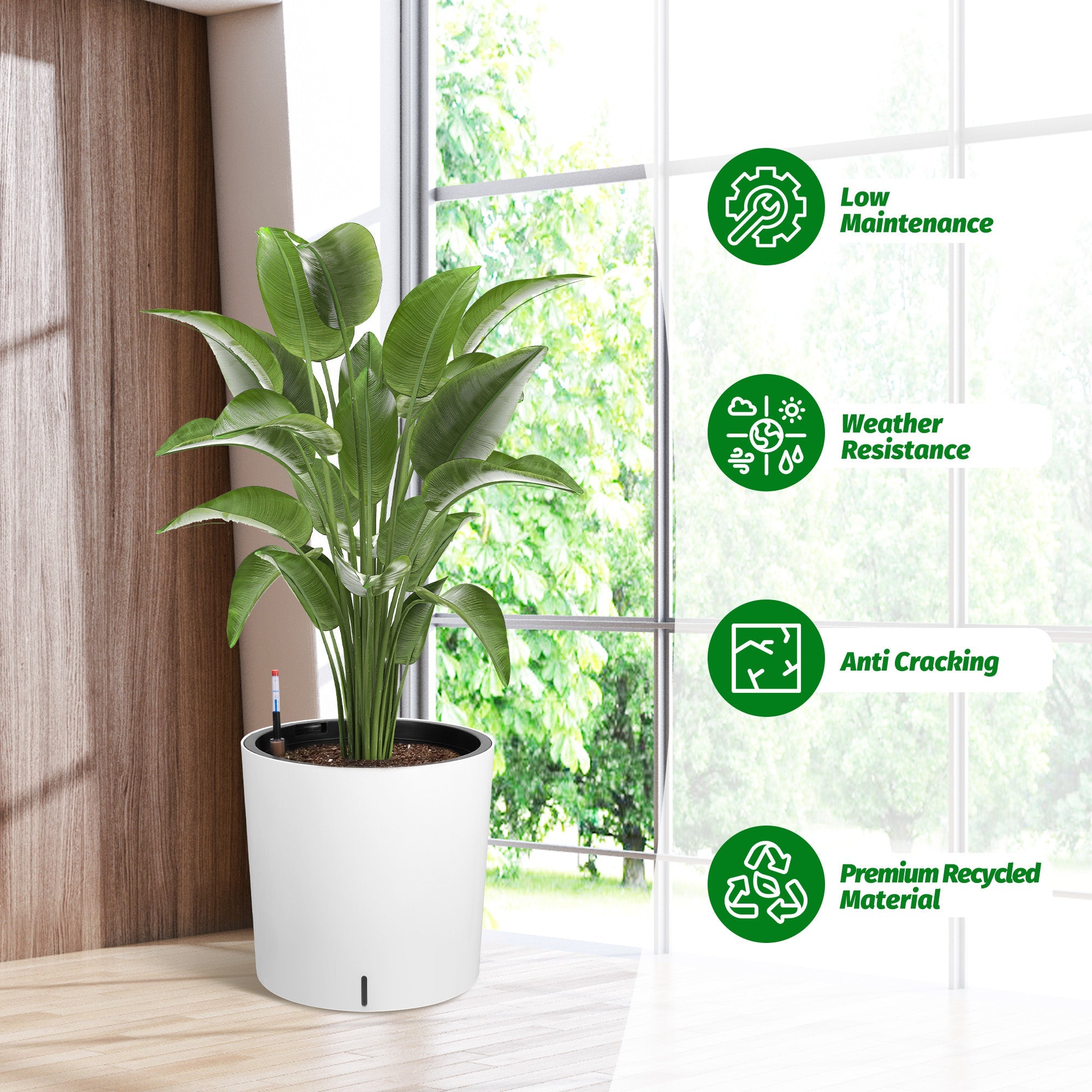 Greenhaus Gardening 20-Inch White Self-Watering Round Planters Set of 2