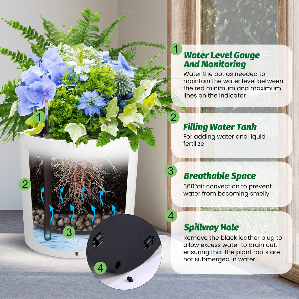 Greenhaus Gardening 20-Inch White Self-Watering Round Planters Set of 2