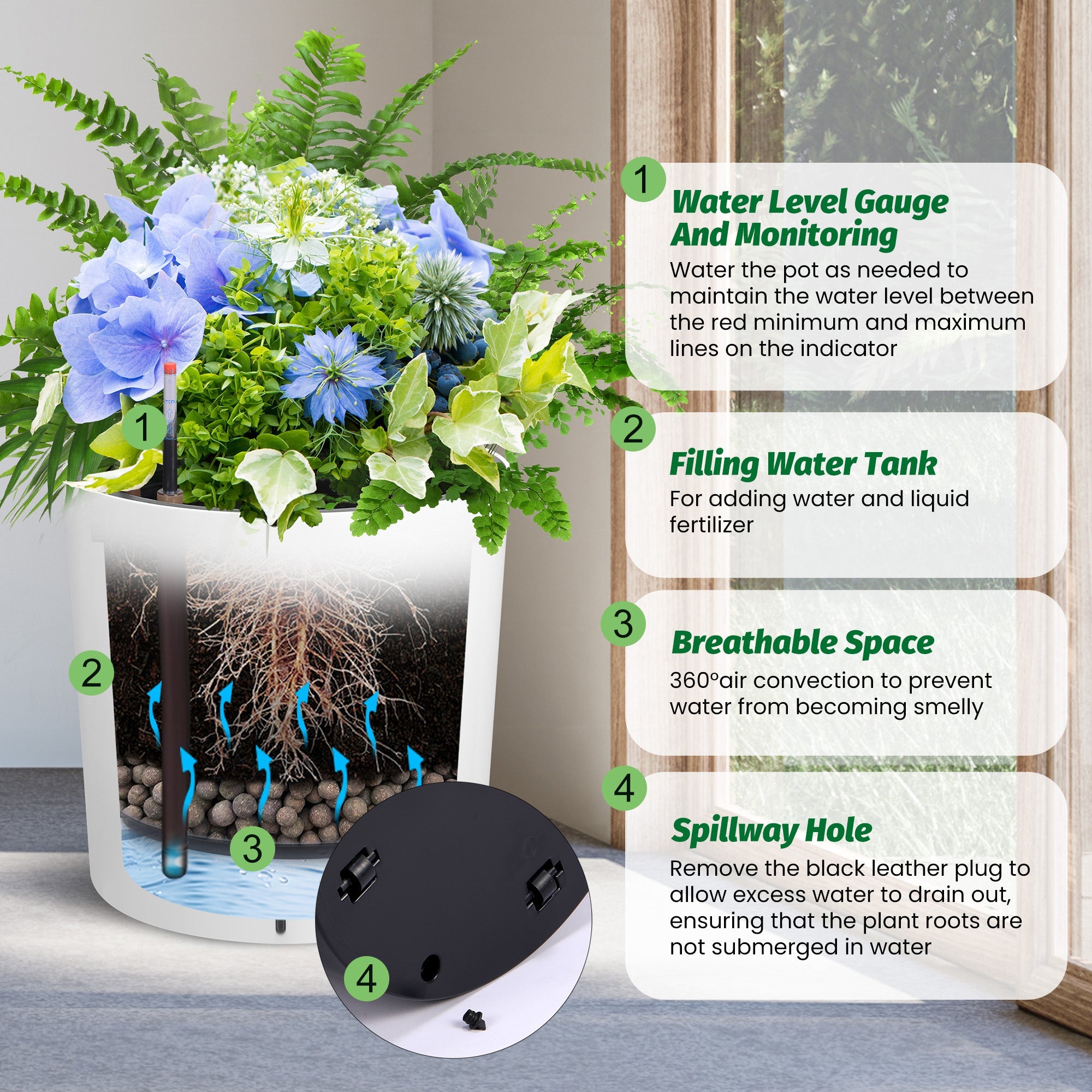Greenhaus Gardening 20-Inch White Self-Watering Round Planters Set of 2