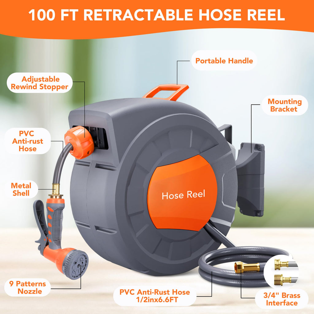 Greenhaus Gardening 1/2 in × 100 ft Retractable Garden Hose Reel