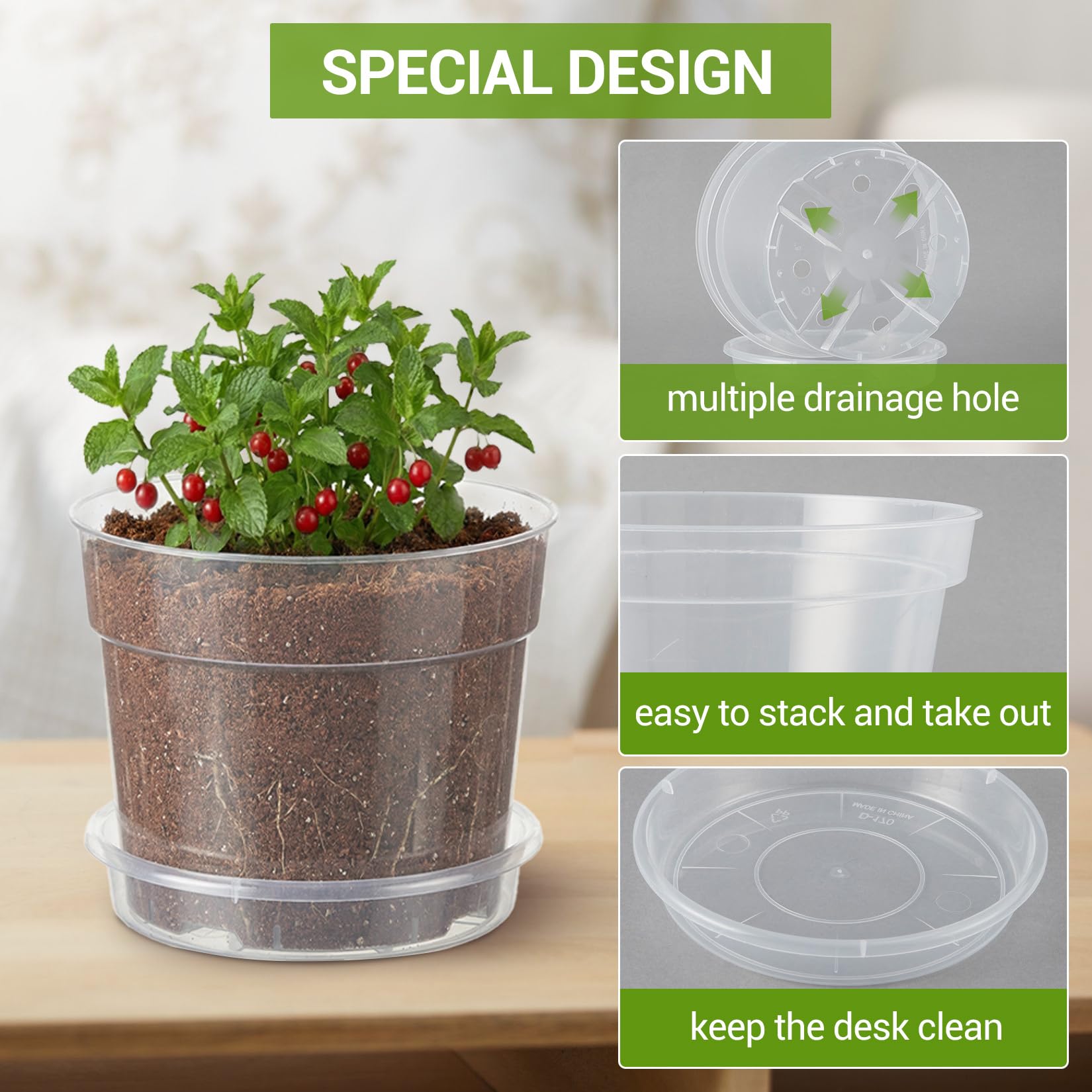Greenhaus Gardening 6-Pack Clear Plant Pots with Drainage and Saucers