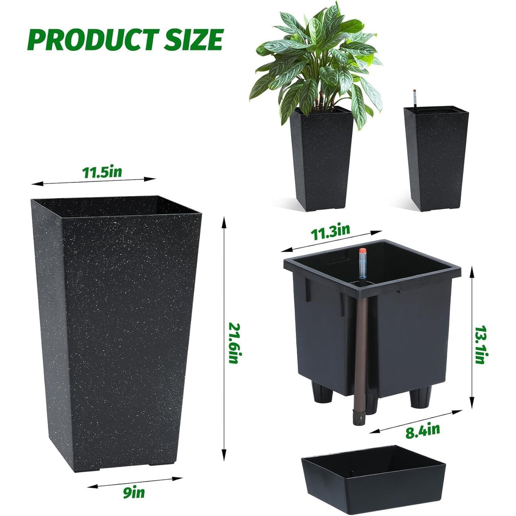 Greenhaus Gardening Tall Self-Watering Planter Pots Set for Indoor & Outdoor Use