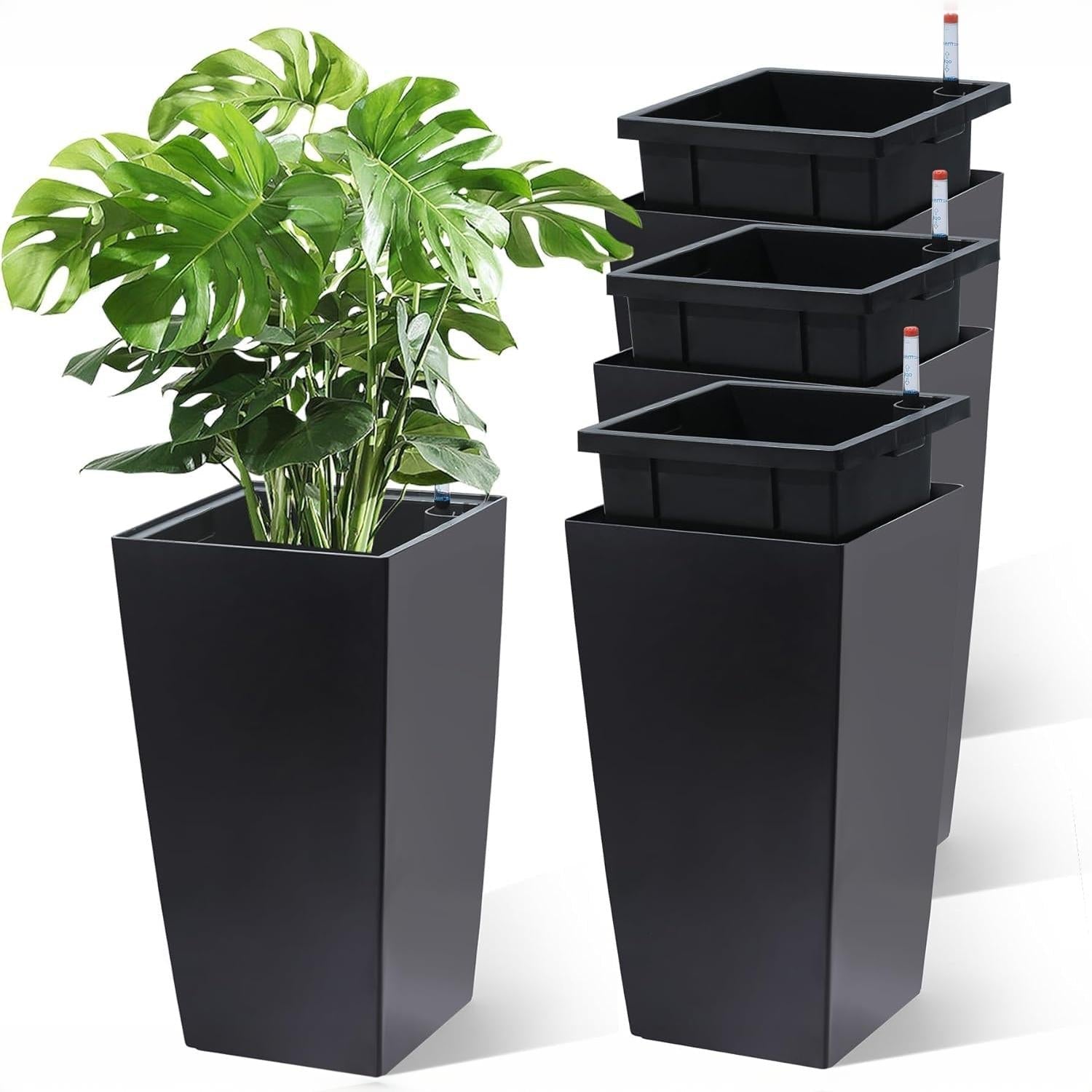 Greenhaus Gardening Tall Self-Watering Planter Pots Set for Indoor & Outdoor Use